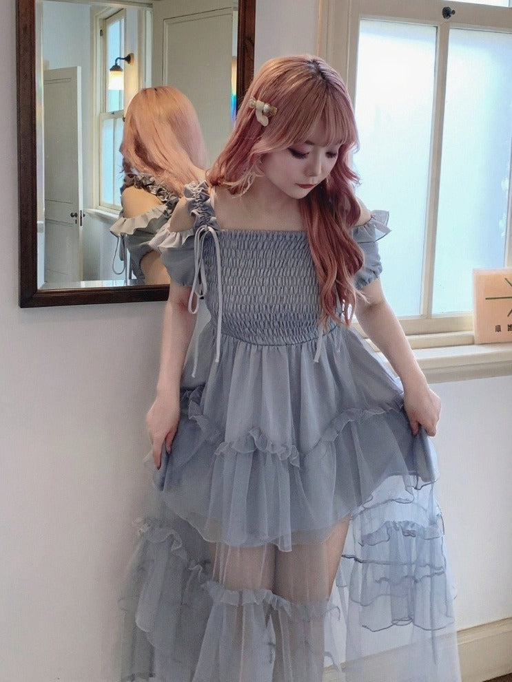Dusty Blue Puff-Sleeve Dress with Tiered Tulle Hem - Smyster
