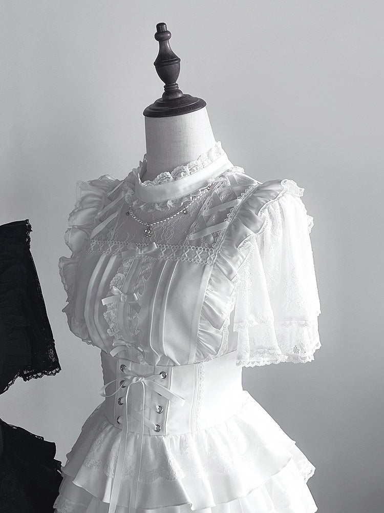 Sleeves Jirai Kei White Short Blouse with Criss-cross Illusion Neckline and Beaded Chains