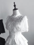 Sleeves Jirai Kei White Short Blouse with Criss-cross Illusion Neckline and Beaded Chains