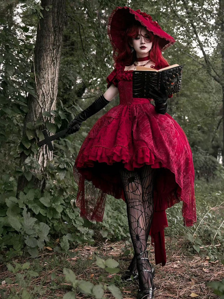 赤いドラゴンの骨の刺繍ハイロースカートドレスゴシックロリータOP、大聖堂の刺繍オーバーレイ付き