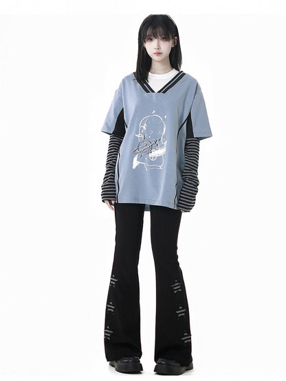 Two-pieces Neck Blue/Red Round Faux Light Graphic T-Shirt