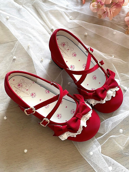Jane Red Scalloped Shoes with Hem PU Mary Lolita Elegant