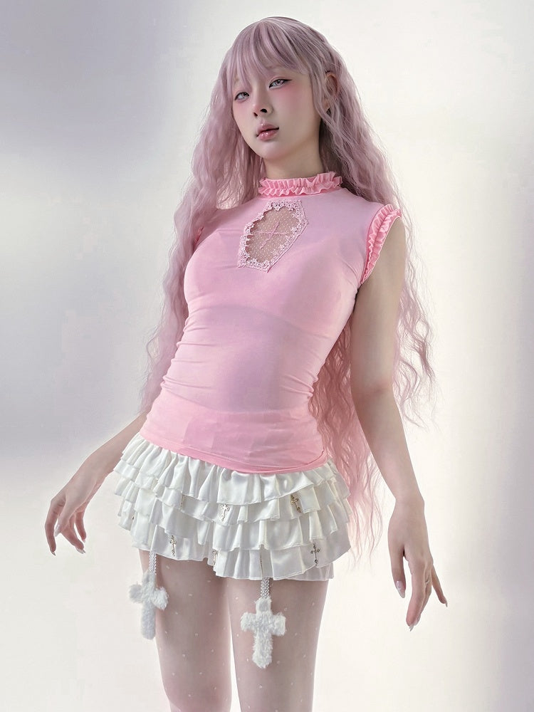 Cross Metal Skort with Cross Charms White Elastic Waist Tiered Embellished Ruffles