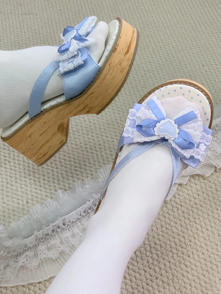 Platform Bow Grain Applique with Sole Decorative Heart Slippers Wood