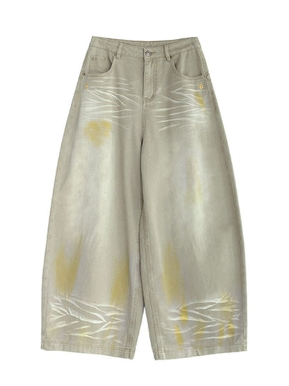 Washed Faded Light Yellow Wide-Leg Jeans with Graffiti Details