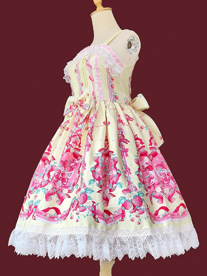 shaped with Heart Lolita Lace Yellow JSK Trim Sweet Dress Print Strawberry Pink