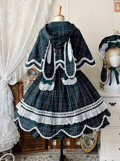 Green Plaid Bunny Ears and Cape Petal-like Trim Hooded with