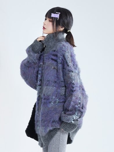 with Knit Sweater Loose Lockstitch Cuffs Gray Mohair Purple Ribbed Striped Detailing