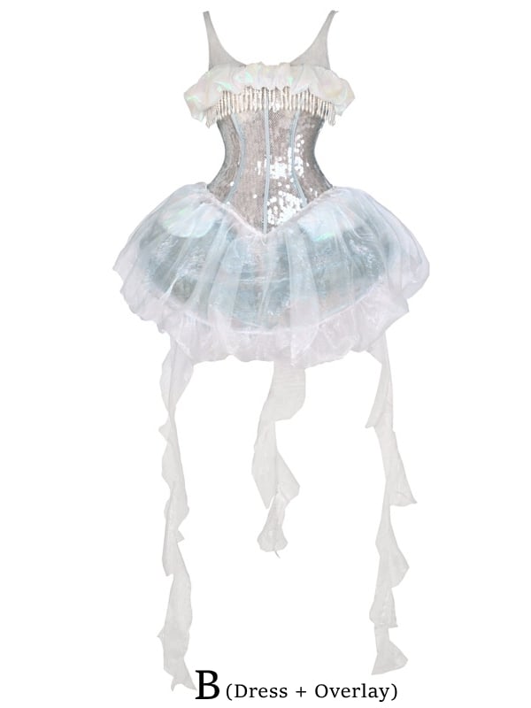 Pailletten Vogelkäfig + Quallen Kleid Overlay Korsett Stäbchen Saum Design Glänzend