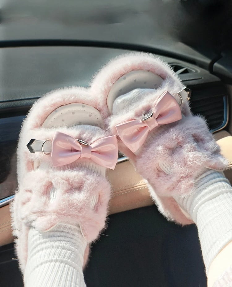 Kei Plush Slippers Rebellious Jirai Embroidery Pink Kitten -