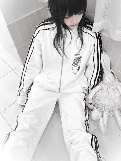 Kei Stud Pants White Striped with Jirai Decorations Casual