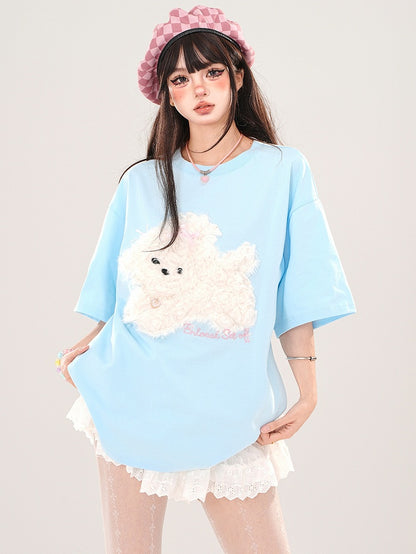 Blue/Grey/Black Plush Puppy Applique Loose T-shirt