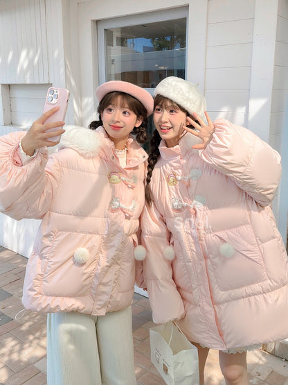 Rosa Daunenmantel mit Kapuze und Plüschbesatz mit süßem Bären und Kätzchen