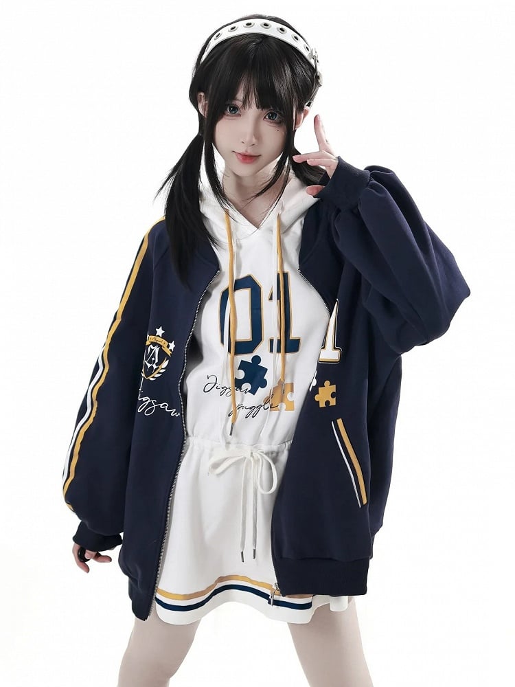 Dark Patch Style Blokette Core Zip-Up Shield Blue with | '01' Print Preppy Number Jacket