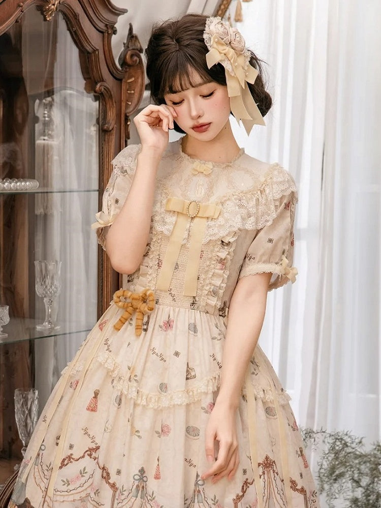 Beige/Green Flower Sweet Lolita Brooch / Hairclip with Velvet Bow - NyaNya