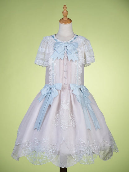 Pink Flutter Sleeve Lolita Dress with Bows and Scallop Trim