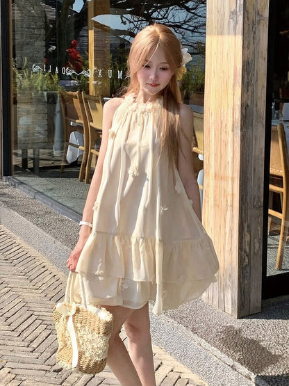 Milk Yellow Halter Dress with Floral Accents - Qchiwawameme