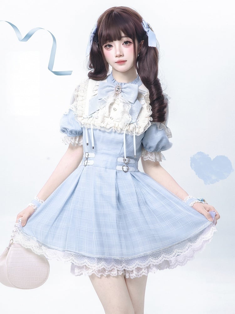 Blue Plaid and Neckline Lace-up with Cutout Kei Light Dress Jirai Shoulder