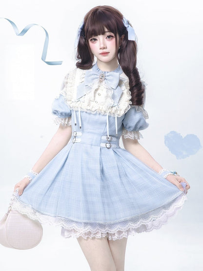 Blue Plaid and Neckline Lace-up with Cutout Kei Light Dress Jirai Shoulder