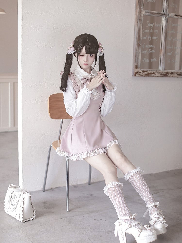 Ryousangata Pink Lace Long Sleeve Dress & Shorts Bow Set - Ekomi