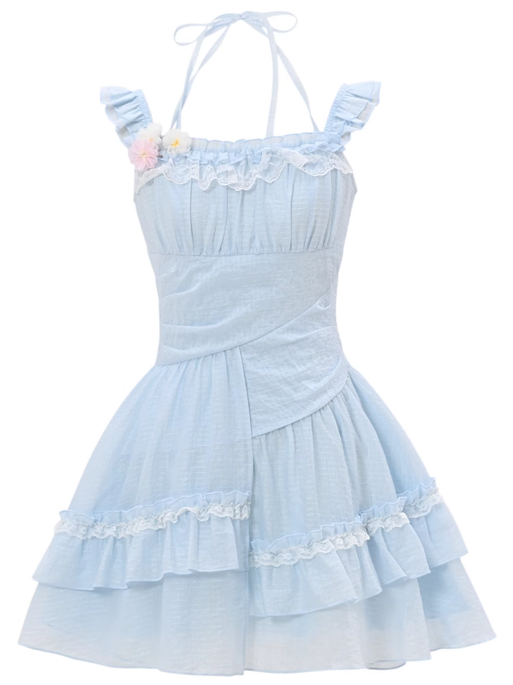 Sleeves Light Blue Flutter Dress Skirt Asymmetrical Chiffon Halter Neck Tiered