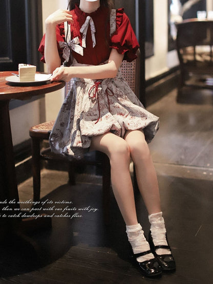 Wine Red Ruffle Neckline Blouse with Puff Sleeves and Pleating Details