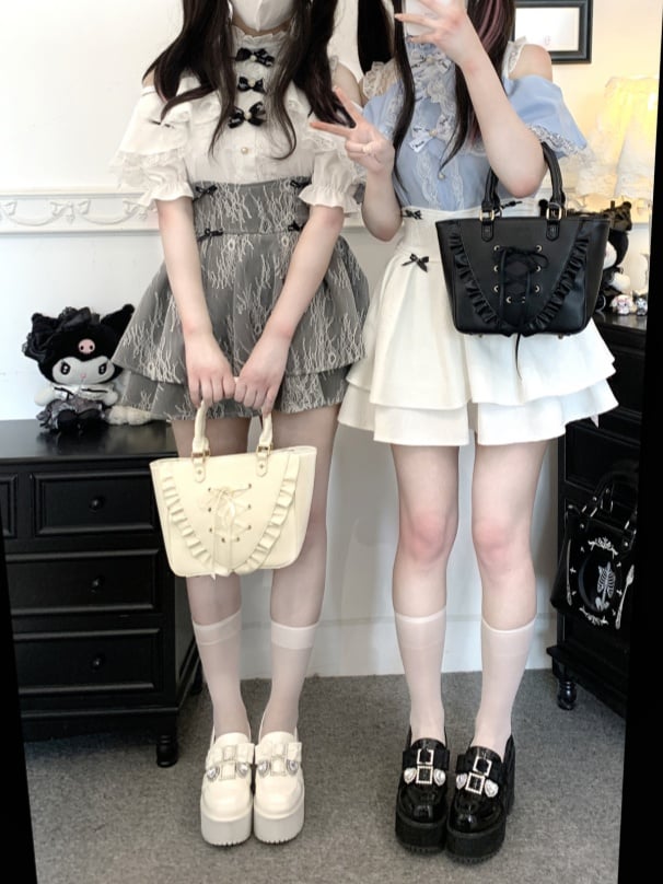 コントラストオープンパッチケイレースブラウスジライホワイト/ピンク/ブルーショルダー