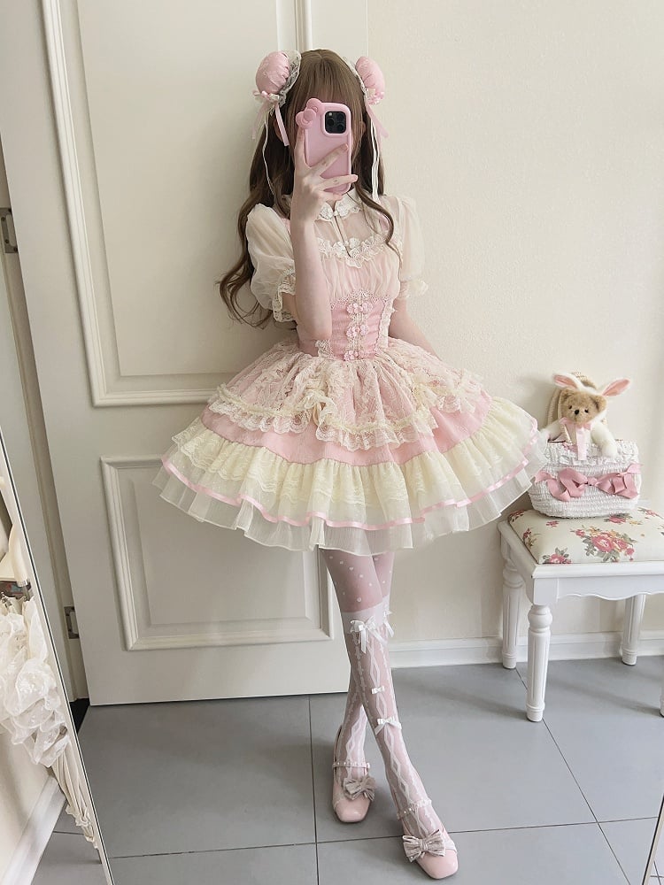 Lolita Sweet Button Chinoiserie Trim Ballet-Inspired Frog JSK Pink Dress Lace