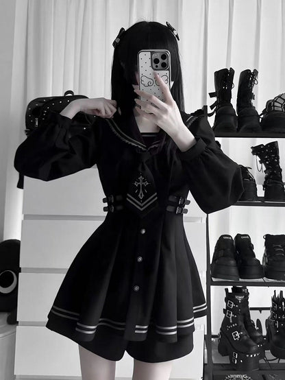 Sailor Collar Dress Set with Shorts and Tie - Ekomi