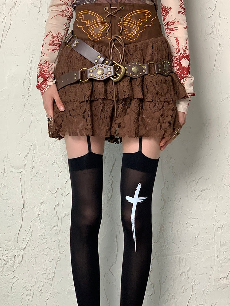 Stockings Suspender Print Cross Black Y2K