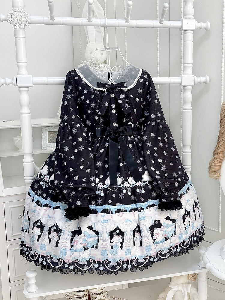 Peter Pan Collar Sweet Lolita Black Long Sleeves Dress with Bunny and Snowflake Print