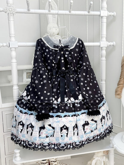 Peter Pan Collar Sweet Lolita Black Long Sleeves Dress with Bunny and Snowflake Print