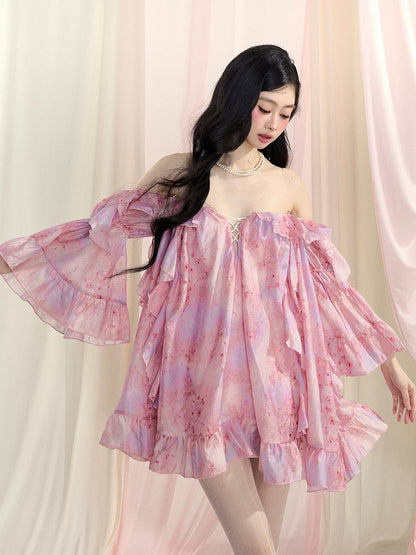 Pink Off-the-Shoulder Bell Sleeves Cascading Ruffle Dress Accents Floral Mini