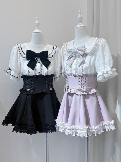Landmine Pink and White Lace Peter Pan Collar Short Sleeve Blouse with Bow Tie - shirohato