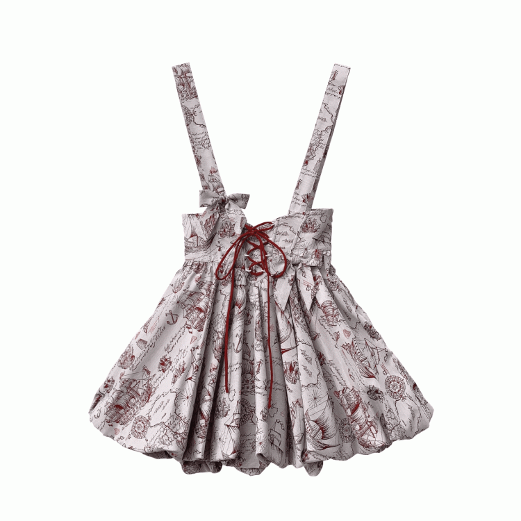 Weinrotes Jacquard-Overallkleid mit Ballonrock und Schnürung in der Taille