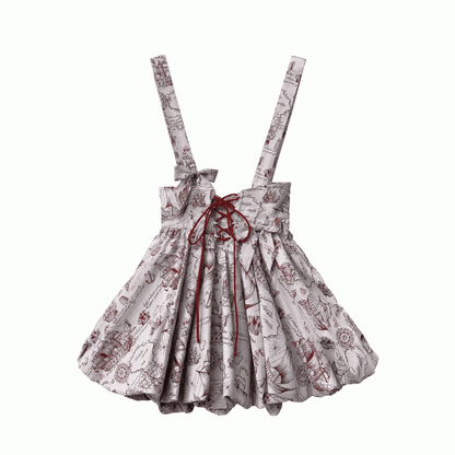 Weinrotes Jacquard-Overallkleid mit Ballonrock und Schnürung in der Taille