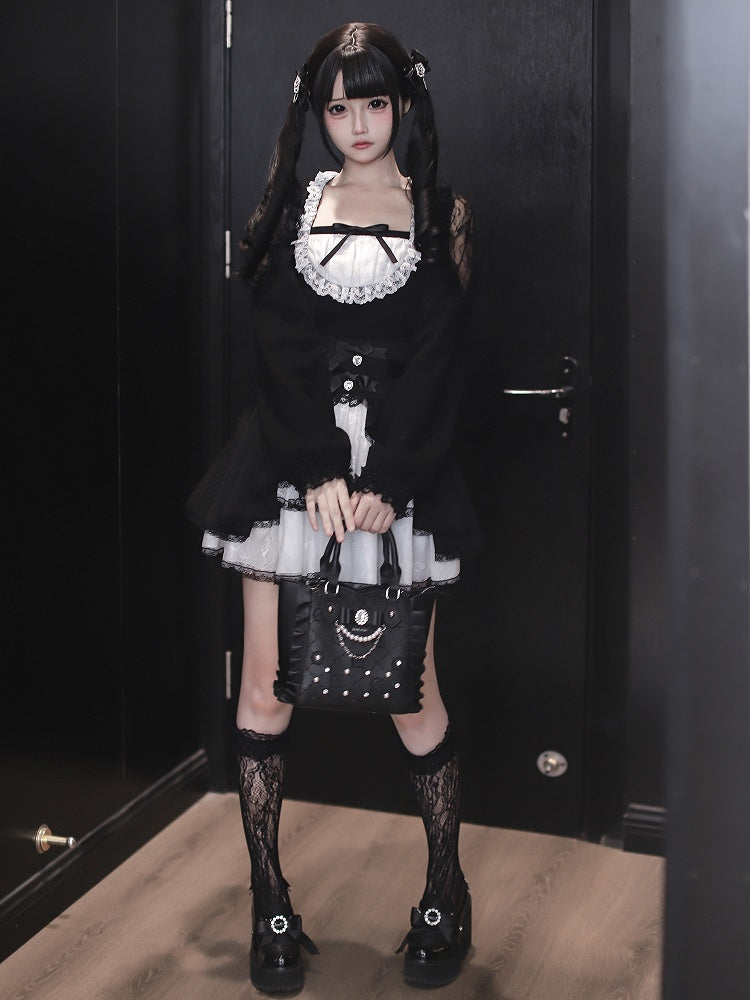 / Kei Lace White Waist Maid Cutouts Aesthetic Core Jirai Skirt High Shoulder Top - Black Tiered