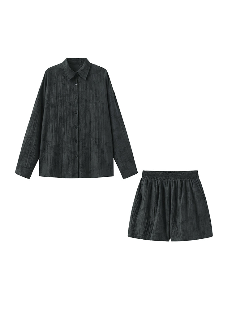 Shirt Set: Waist Top Polo Gray Shorts with Collar Tencel Elastic