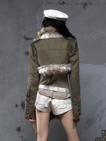 Buckle Punk Denim with Fur Crop Street Green Straps Faux Vintage Collar Jacket