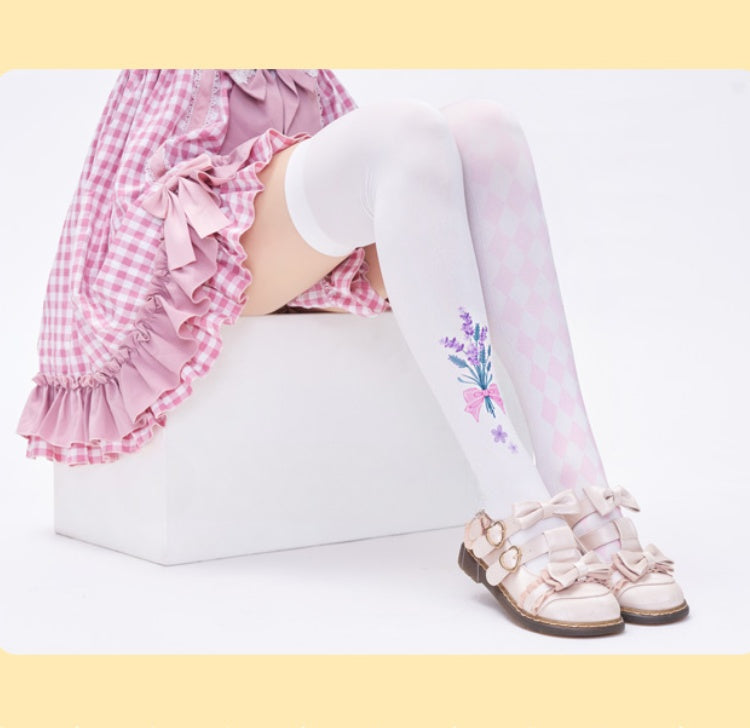 White & Pink Lavender Print Diamond Pattern Over Knee Stockings