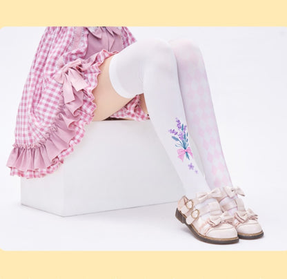 White & Pink Lavender Print Diamond Pattern Over Knee Stockings
