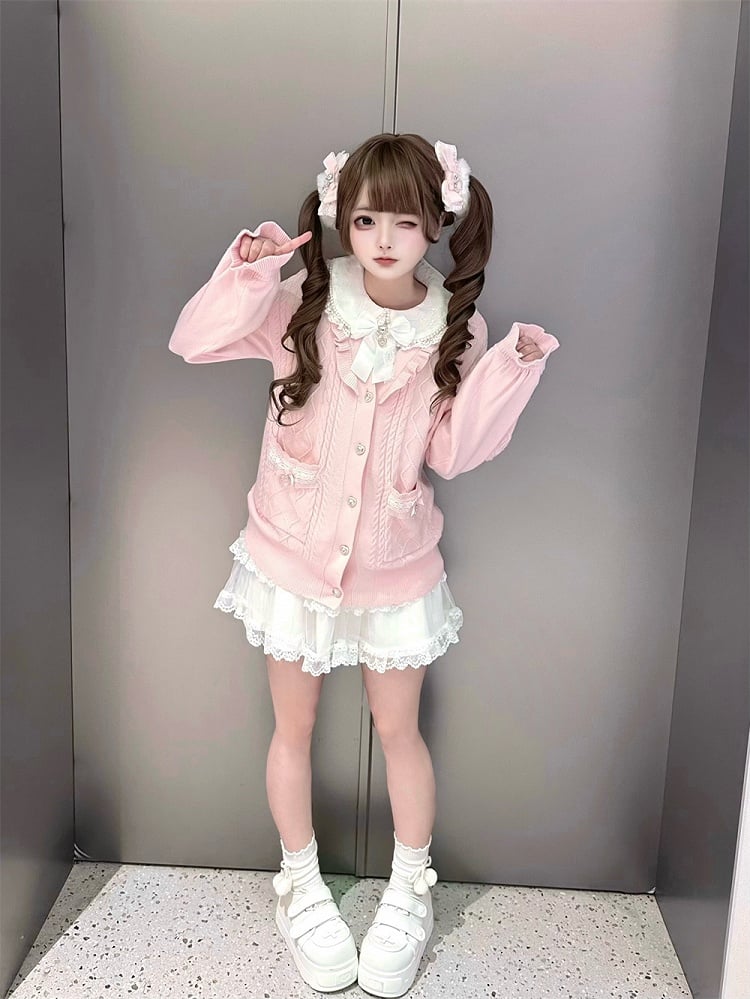 Sweet Jirai Kei Light Pink Knit Sweater with Heart-Shaped Rhinestone Buttons