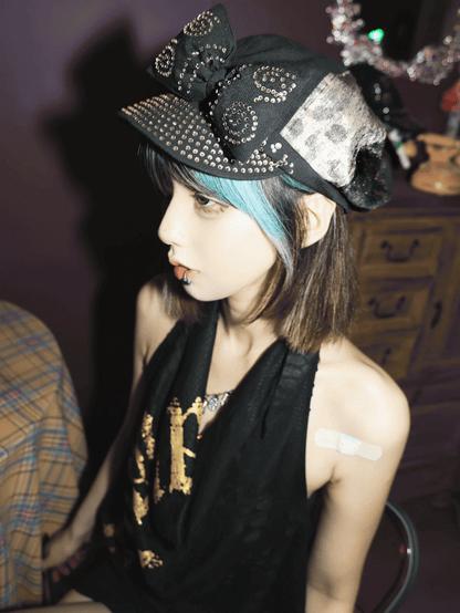 Gyaru Fashion Y2K Black Leopard Big Bow Rhinestones Embellished Beret