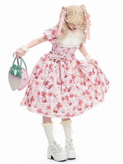 Lace Puff Pink with Sleeves Collar Lolita Beige Dress Print Strawberry Sweet