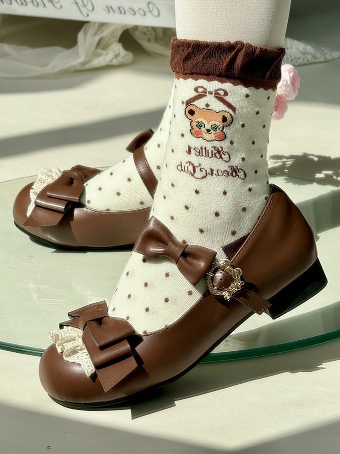 Toe Sweet Bows with Shoes Brown Jane Lolita Delicate Low-heel/Mid-heel Mary for Lace Round in