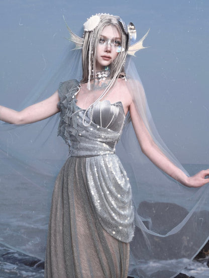 Shimmer Siren Asymmetrischer Ausschnitt Goth Cascading Rüschen Kleid Fee