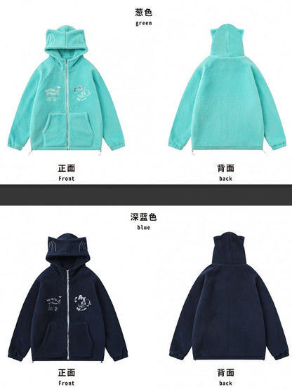 Grün/Marineblauer Fleece-Kapuzenpullover mit süßem Katzenohren-Design