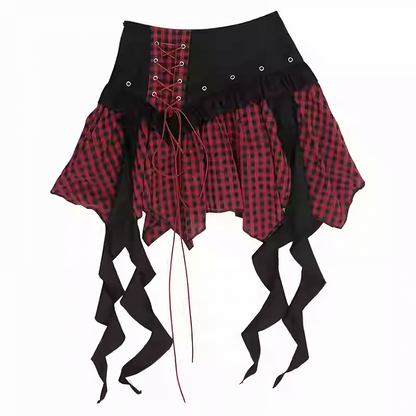 Y2K Rot-Grau-Detail Karierte Schnürung mit schwarz/schwarzem Taschentuch-Saumrock
