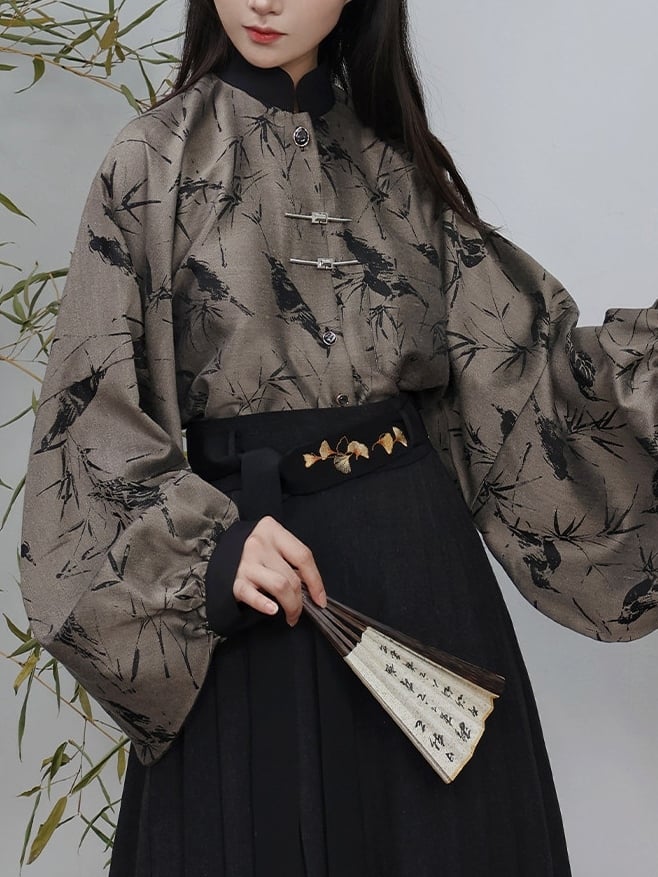 Banded Unisex with Blouse Sleeves Bamboo Pipa Grey Print Style Chinese Collar -