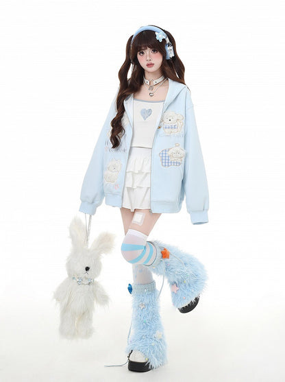Puppy Embroidery Applique Black/Light Blue Plush Zip Closure Hoodie